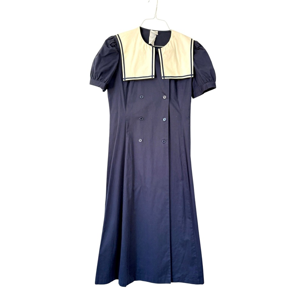 VTG Laura Ashley Navy Blue Nautical Sailor Double Breasted Cotton Midi Dress 10